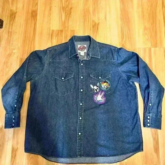 Cowboy Work Wear Denim Pearl Snap Shirt Men Size XXL Blue Long Sleeve PATCHES - Picture 6 of 8